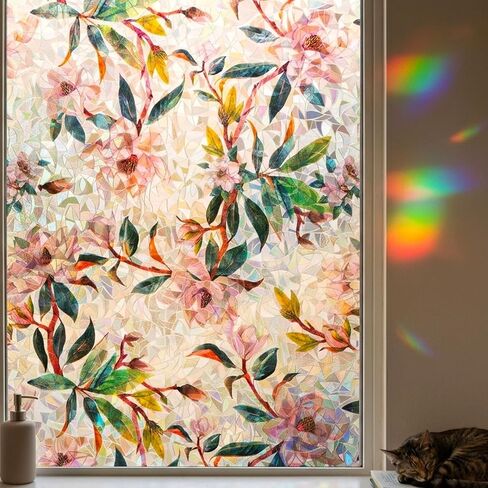 Stained Glass Privacy Window Film Decorative Etched 3D Prism Peacock Static Cling Sliding Door Tints Heat Control Anti UV Resuable No Glue Cover Sticker,17.5" x 78.7" in Saudi Arabia