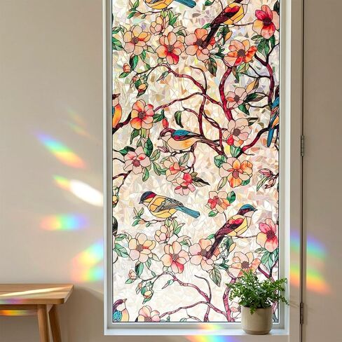 Stained Glass Privacy Window Film Decorative Etched 3D Prism Peacock Static Cling Sliding Door Tints Heat Control Anti UV Resuable No Glue Cover Sticker,17.5" x 78.7" in Saudi Arabia
