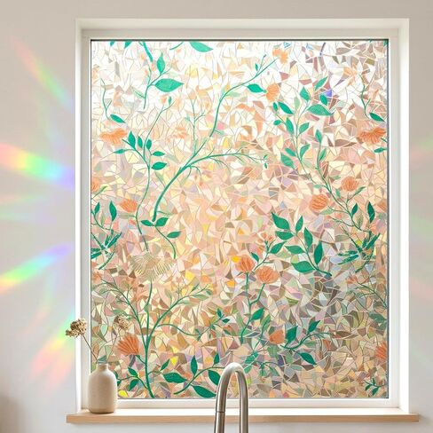 Stained Glass Privacy Window Film Decorative Etched 3D Prism Peacock Static Cling Sliding Door Tints Heat Control Anti UV Resuable No Glue Cover Sticker,17.5" x 78.7" in Saudi Arabia