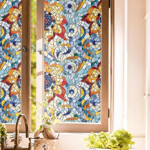 Light Blue Red Orange Floral Stained Glass Window Films Decorative Double-Side Privacy Film Self-Adhesive Static Clings for Living Room Bathroom Glass Windows Decor in Saudi Arabia