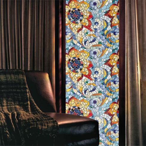 Light Blue Red Orange Floral Stained Glass Window Films Decorative Double-Side Privacy Film Self-Adhesive Static Clings for Living Room Bathroom Glass Windows Decor in Saudi Arabia