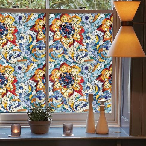 Light Blue Red Orange Floral Stained Glass Window Films Decorative Double-Side Privacy Film Self-Adhesive Static Clings for Living Room Bathroom Glass Windows Decor in Saudi Arabia