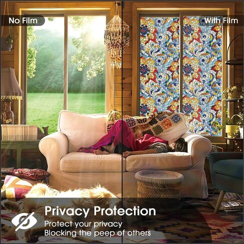 Light Blue Red Orange Floral Stained Glass Window Films Decorative Double-Side Privacy Film Self-Adhesive Static Clings for Living Room Bathroom Glass Windows Decor in Saudi Arabia