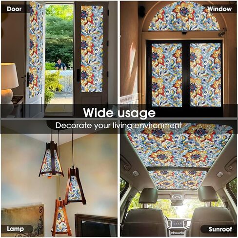 Light Blue Red Orange Floral Stained Glass Window Films Decorative Double-Side Privacy Film Self-Adhesive Static Clings for Living Room Bathroom Glass Windows Decor in Saudi Arabia