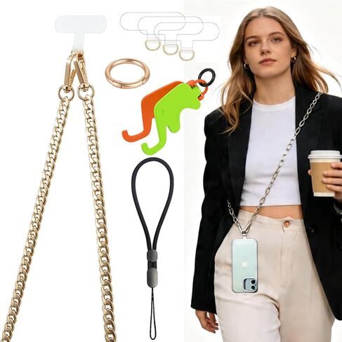 2 pc Crossbody Phone Strap Detachable Cell iPhone Lanyard Chain Shoulder Neck with Wrist Strap Charm Finger Grip 3 Patches Tether CellPhone Stand Holder Anti Theft Universal for iPhone All Phones Gold in Kuwait