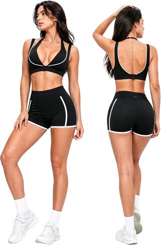 Women's 2 Piece Workout Sets Halter Backless Tank Removable Pads Shorts Pocket Yoga Gym Activewear in Kuwait