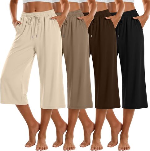 4 Pcs Women's Wide Leg Capri Pants Open Bottom Yoga Pants Lounge Workout Elastic Waist with Pockets Drawstring in Kuwait