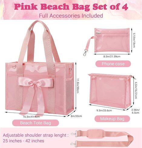 Pink Jelly Tote Bag,25L Bow Beach Tote Bag for Women,Cute Pool Bags for Girl,Beach Waterproof Sandproof Zipper Bag with Phone Pouch, makeup Bag, Adjustable Shoulder Strap in Saudi Arabia