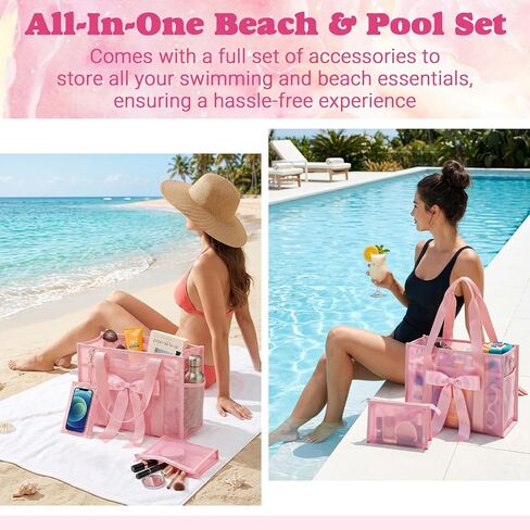 Pink Jelly Tote Bag,25L Bow Beach Tote Bag for Women,Cute Pool Bags for Girl,Beach Waterproof Sandproof Zipper Bag with Phone Pouch, makeup Bag, Adjustable Shoulder Strap in Saudi Arabia