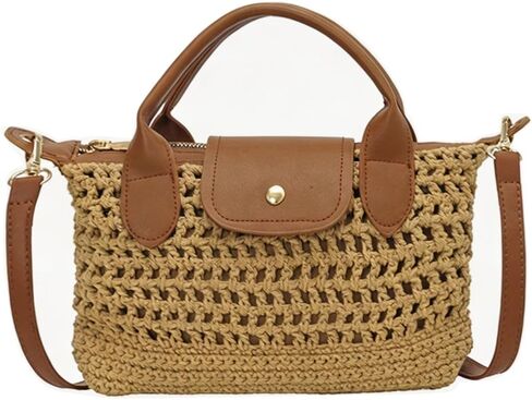 Crochet Tote Bag for Women Small Boho Handbag Leather Trim Crossbody Purse Casual Woven Shoulder Satchel for Summer in Saudi Arabia