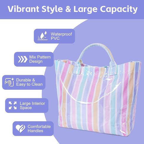 Aimyoo Striped PVC Tote Bag for Women, Waterproof Plastic Handbag for Beach Pool, Topbag for Girls Summer Vacation Travel | Stylish in Saudi Arabia