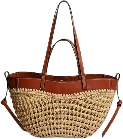 Summer Chic Woven Straw Tote Bag with Leather Trim - Lightweight Versatile Beach & Casual Tote in Saudi Arabia