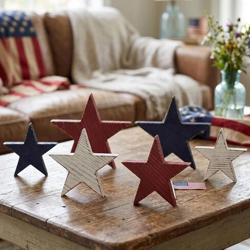 ديكورات الرابع من يوليو: 6 قطع من النجوم الخشبية للديكور الوطني، وديكورات خشبية عتيقة باللونين الأحمر والأبيض والأزرق، وديكورات طاولة يوم المزرعة التذكارية للاحتفال بالذكرى السنوية الـ 250 لعيد الاستقلال in Kuwait