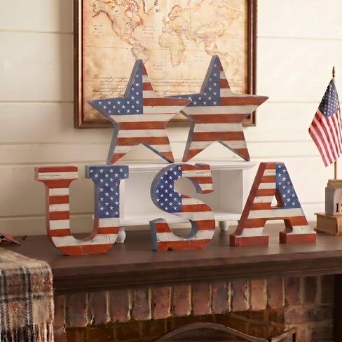 Junkin 5 Pcs Rustic 4th of July Table Centerpiece Patriotic USA Flag Sign Memorial Day Tiered Tray Decor 250th Anniversary Independence Day Farmhouse Table Red White Blue Decoration for Home Office in Kuwait