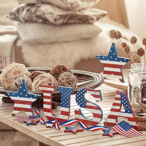 Junkin 5 Pcs Rustic 4th of July Table Centerpiece Patriotic USA Flag Sign Memorial Day Tiered Tray Decor 250th Anniversary Independence Day Farmhouse Table Red White Blue Decoration for Home Office in Kuwait