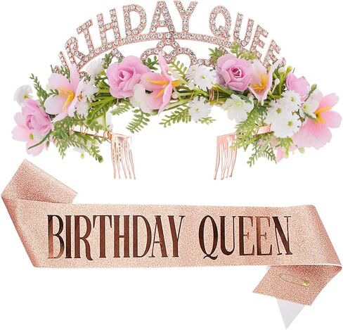 Pink Birthday Queen Crown - Happy Birthday Tiara with Flowers and Sash Set for Party Photo Shoot Gift for Friend Mom in Saudi Arabia