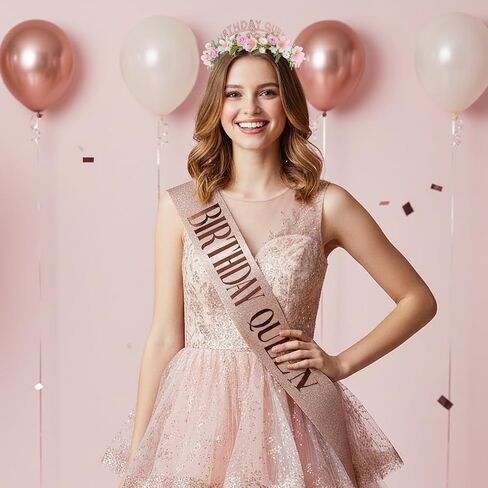 Pink Birthday Queen Crown - Happy Birthday Tiara with Flowers and Sash Set for Party Photo Shoot Gift for Friend Mom in Saudi Arabia