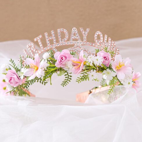 Pink Birthday Queen Crown - Happy Birthday Tiara with Flowers and Sash Set for Party Photo Shoot Gift for Friend Mom in Saudi Arabia