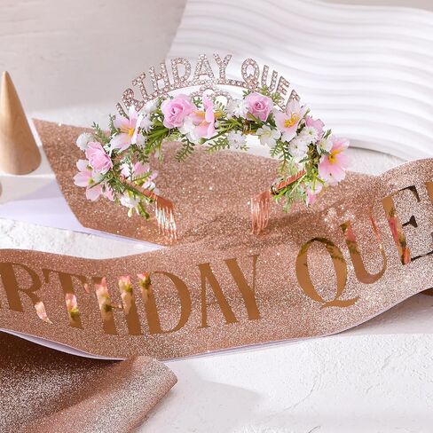 Pink Birthday Queen Crown - Happy Birthday Tiara with Flowers and Sash Set for Party Photo Shoot Gift for Friend Mom in Saudi Arabia