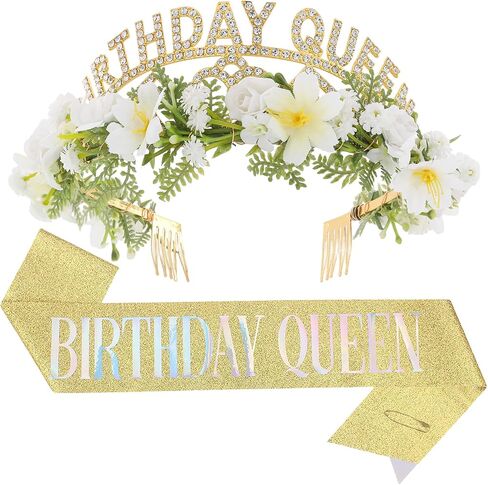 Pink Birthday Queen Crown - Happy Birthday Tiara with Flowers and Sash Set for Party Photo Shoot Gift for Friend Mom in Saudi Arabia