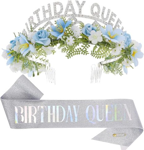 Pink Birthday Queen Crown - Happy Birthday Tiara with Flowers and Sash Set for Party Photo Shoot Gift for Friend Mom in Saudi Arabia