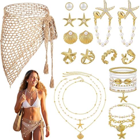 22 Pcs Mermaid Costume Boho Summer Beach Set Include Starfish Shell Crochet Cover up Skirt Jewelry Set Necklace Bracelets Anklet Earrings Rings for Women Holiday Vacation Party Gift Gold in Saudi Arabia