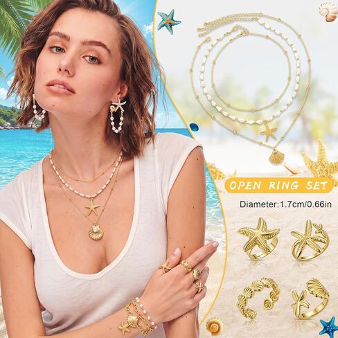 22 Pcs Mermaid Costume Boho Summer Beach Set Include Starfish Shell Crochet Cover up Skirt Jewelry Set Necklace Bracelets Anklet Earrings Rings for Women Holiday Vacation Party Gift Gold in Saudi Arabia