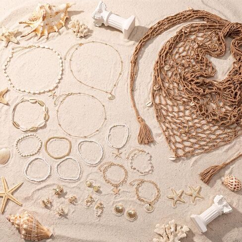 22 Pcs Mermaid Costume Boho Summer Beach Set Include Starfish Shell Crochet Cover up Skirt Jewelry Set Necklace Bracelets Anklet Earrings Rings for Women Holiday Vacation Party Gift Gold in Saudi Arabia