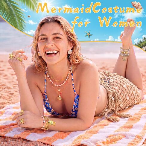 22 Pcs Mermaid Costume Boho Summer Beach Set Include Starfish Shell Crochet Cover up Skirt Jewelry Set Necklace Bracelets Anklet Earrings Rings for Women Holiday Vacation Party Gift Gold in Saudi Arabia