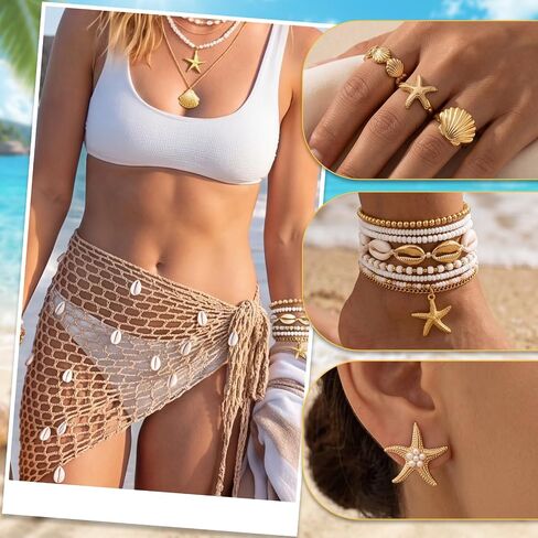22 Pcs Mermaid Costume Boho Summer Beach Set Include Starfish Shell Crochet Cover up Skirt Jewelry Set Necklace Bracelets Anklet Earrings Rings for Women Holiday Vacation Party Gift Gold in Saudi Arabia