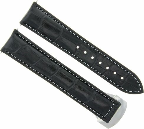 Ewatchparts 20mm Leather Watch Band Strap Compatible With 41mm Omega Seamaster Planet With Clasp Black With White Stitching in Kuwait