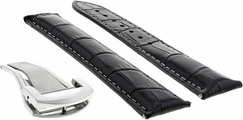 Ewatchparts 20mm Leather Watch Band Strap Compatible With 41mm Omega Seamaster Planet With Clasp Black With White Stitching in Kuwait
