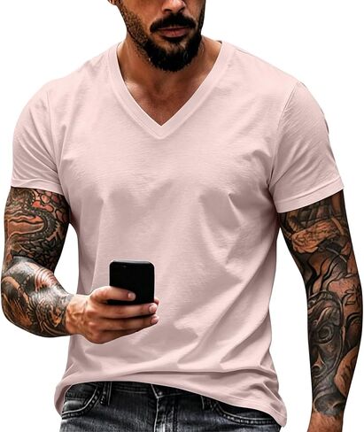 GOFULY V Neck Mens T-Shirts Short Sleeve Summer Comfort T Shirts for Men V Neck Breathable Comfy T Shirts for Man Solid Tees in Saudi Arabia