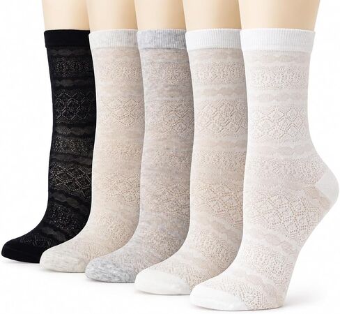 Ginmewrae Women's Ruffle Socks, Lace Crew Socks 5 Pairs Breathable Casual Frilly Lace Ultra Thin Ankle Socks for Summer in Saudi Arabia