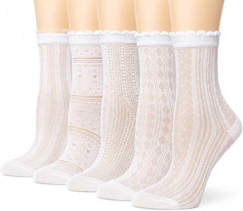 Ginmewrae Women's Ruffle Socks, Lace Crew Socks 5 Pairs Breathable Casual Frilly Lace Ultra Thin Ankle Socks for Summer in Saudi Arabia