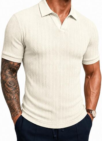 Askdeer Mens Casual Polo Shirt Short Sleeve Vacation V Neck T-Shirt Summer Beach Knit Stretchy Golf Shirt in Saudi Arabia