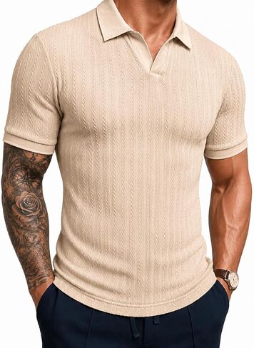 Askdeer Mens Casual Polo Shirt Short Sleeve Vacation V Neck T-Shirt Summer Beach Knit Stretchy Golf Shirt in Saudi Arabia