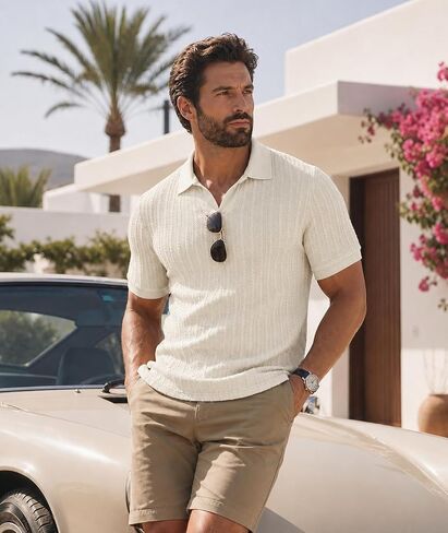 Askdeer Mens Casual Polo Shirt Short Sleeve Vacation V Neck T-Shirt Summer Beach Knit Stretchy Golf Shirt in Saudi Arabia