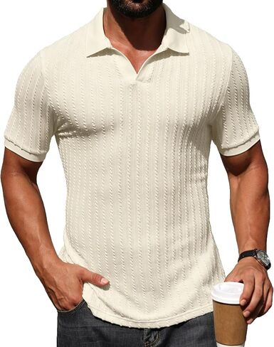 Askdeer Mens Casual Polo Shirt Short Sleeve Vacation V Neck T-Shirt Summer Beach Knit Stretchy Golf Shirt in Saudi Arabia