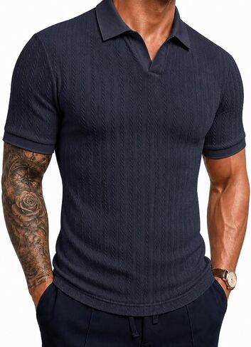 Askdeer Mens Casual Polo Shirt Short Sleeve Vacation V Neck T-Shirt Summer Beach Knit Stretchy Golf Shirt in Saudi Arabia