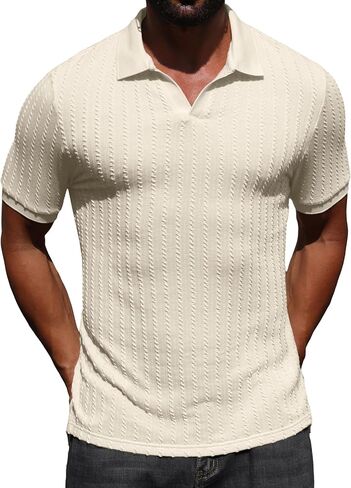 Askdeer Mens Casual Polo Shirt Short Sleeve Vacation V Neck T-Shirt Summer Beach Knit Stretchy Golf Shirt in Saudi Arabia