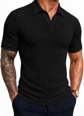 Askdeer Mens Casual Polo Shirt Short Sleeve Vacation V Neck T-Shirt Summer Beach Knit Stretchy Golf Shirt in Saudi Arabia