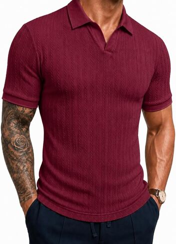 Askdeer Mens Casual Polo Shirt Short Sleeve Vacation V Neck T-Shirt Summer Beach Knit Stretchy Golf Shirt in Saudi Arabia