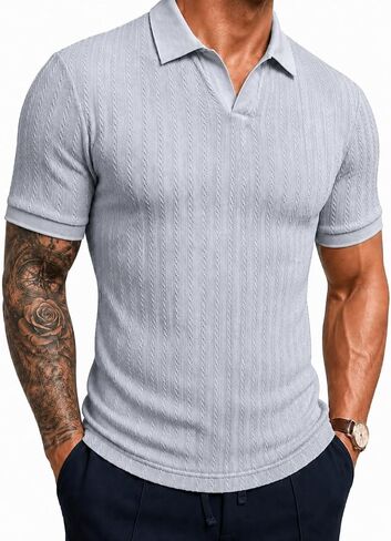 Askdeer Mens Casual Polo Shirt Short Sleeve Vacation V Neck T-Shirt Summer Beach Knit Stretchy Golf Shirt in Saudi Arabia