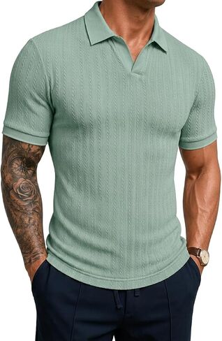 Askdeer Mens Casual Polo Shirt Short Sleeve Vacation V Neck T-Shirt Summer Beach Knit Stretchy Golf Shirt in Saudi Arabia