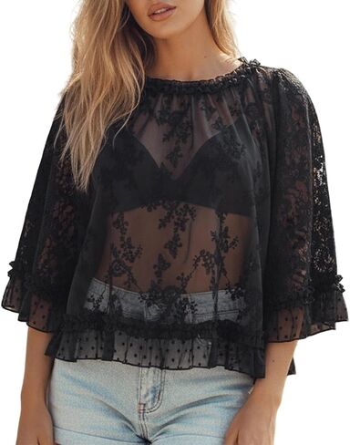 Flowy Lace Tops for Women Long Sleeve Ruffle Sheer Blouse Tops Y2K See Through Lace Cape Top in Kuwait