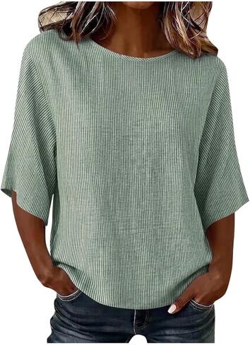 Womens Linen Cotton Blouses Summer Loose Fit Crewneck 3/4 Length Sleeve Tops Dressy Casual Gauze Striped Shirts in Kuwait