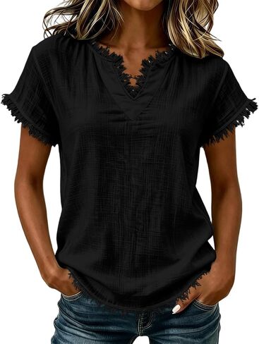 Gauze Shirts for Women - V Neck Short Sleeve Cotton Linen Frayed Fringe Tops Summer Lightweight Tassel Shirt Tunics in Saudi Arabia