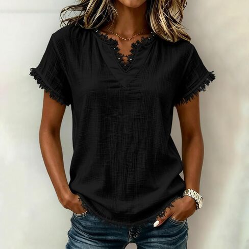 Gauze Shirts for Women - V Neck Short Sleeve Cotton Linen Frayed Fringe Tops Summer Lightweight Tassel Shirt Tunics in Saudi Arabia