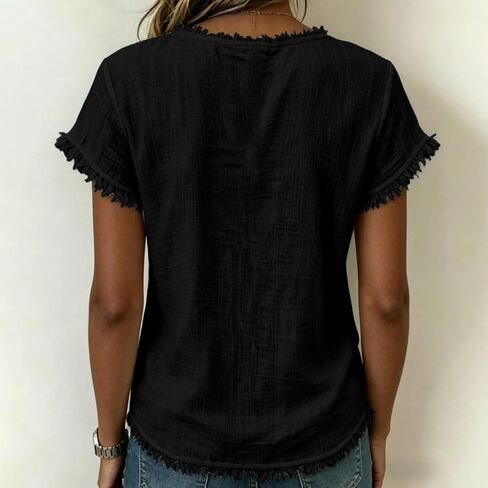 Gauze Shirts for Women - V Neck Short Sleeve Cotton Linen Frayed Fringe Tops Summer Lightweight Tassel Shirt Tunics in Saudi Arabia